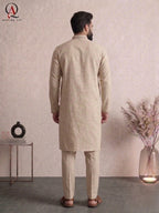 Self Beige Wash & Wear Kurta with Collar & Handcrafted Front Embroidery | Men’s Formal & Wedding Wear