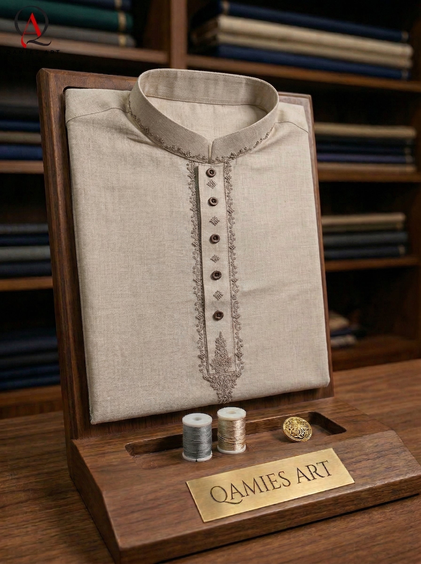 Self Beige Wash & Wear Kurta with Collar & Handcrafted Front Embroidery | Men’s Formal & Wedding Wear