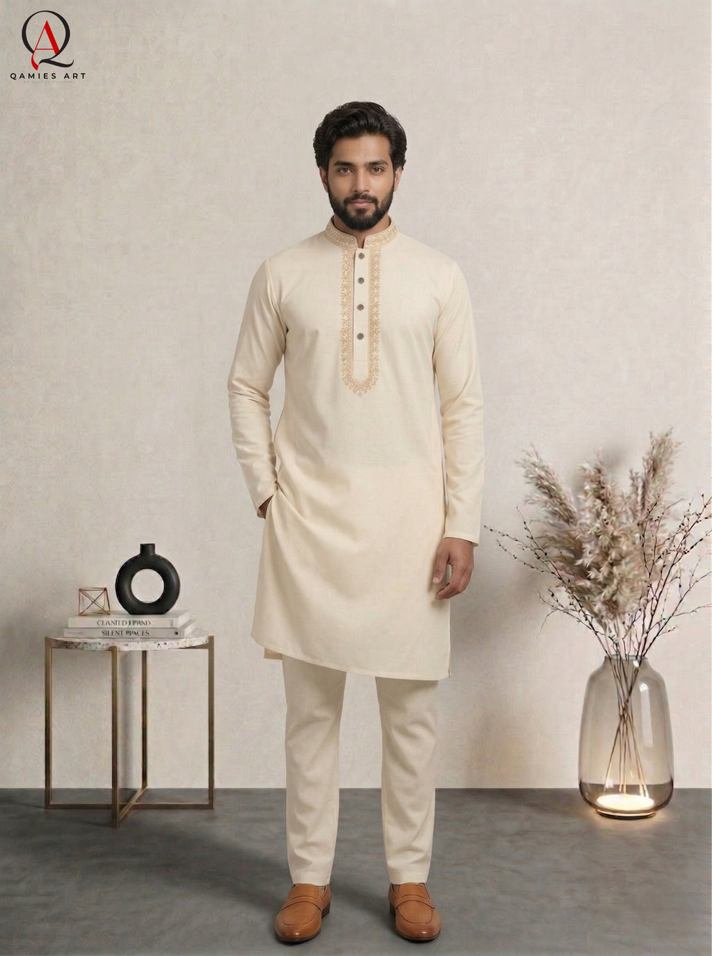 Cream Wash & Wear Kurta Pajama for Men with Elegant Collar & Front Embroidery