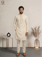 Cream Wash & Wear Kurta Pajama for Men with Elegant Collar & Front Embroidery