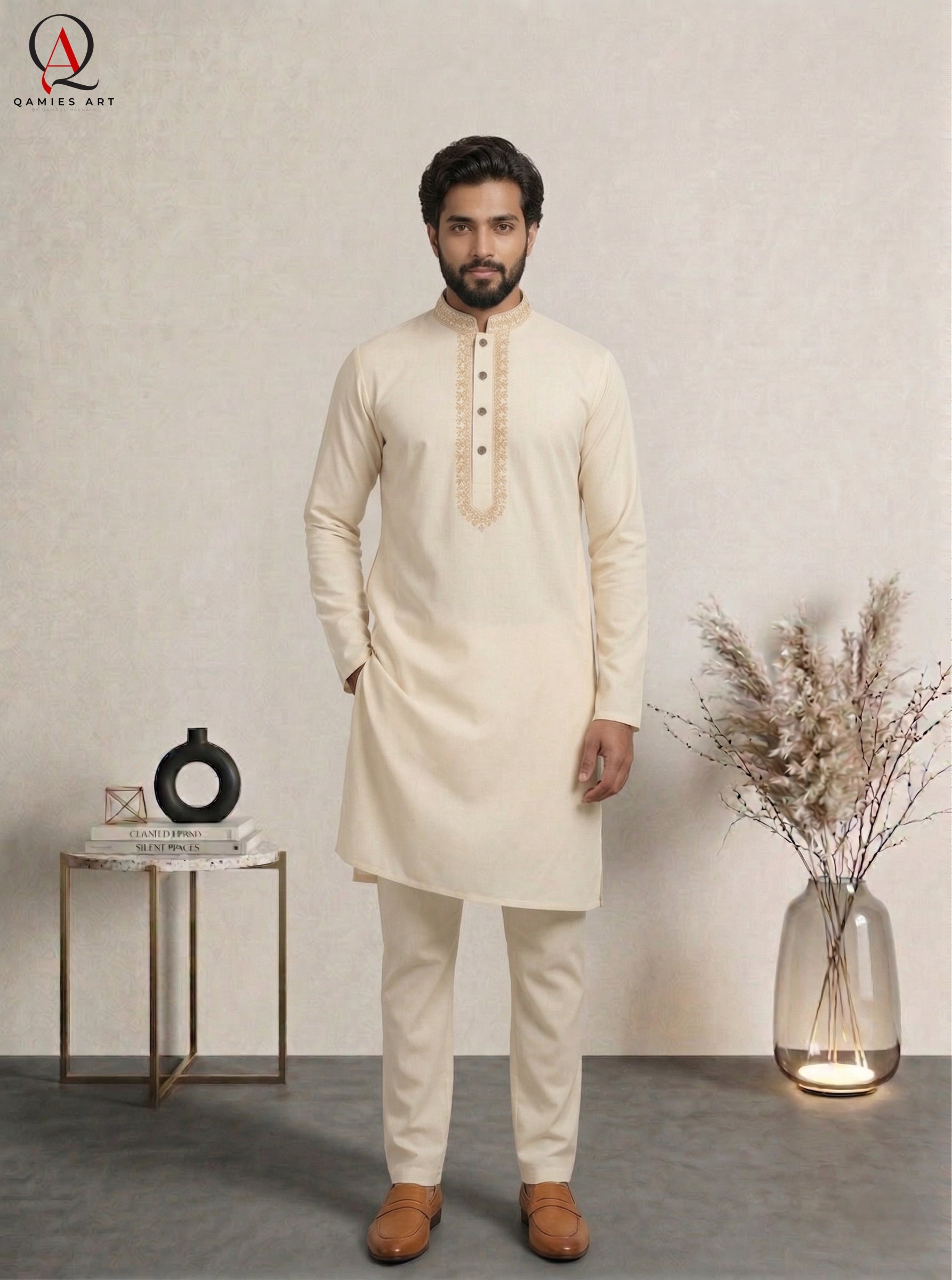 Cream Wash & Wear Kurta Pajama for Men with Elegant Collar & Front Embroidery