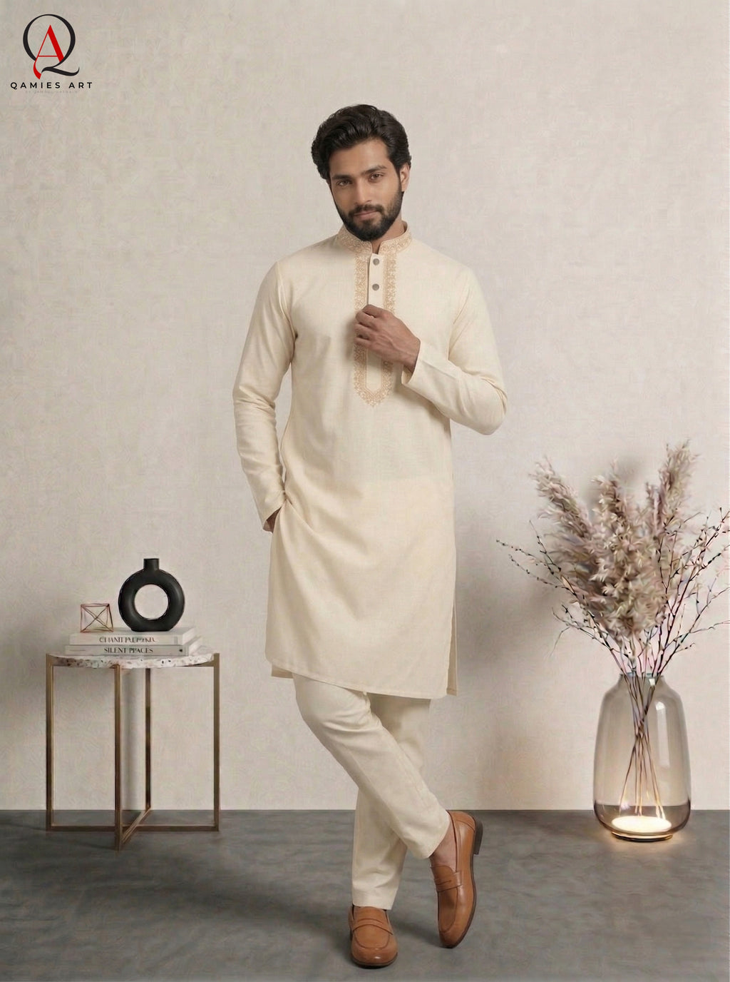 Cream Wash & Wear Kurta Pajama for Men with Elegant Collar & Front Embroidery
