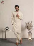 Cream Wash & Wear Kurta Pajama for Men with Elegant Collar & Front Embroidery