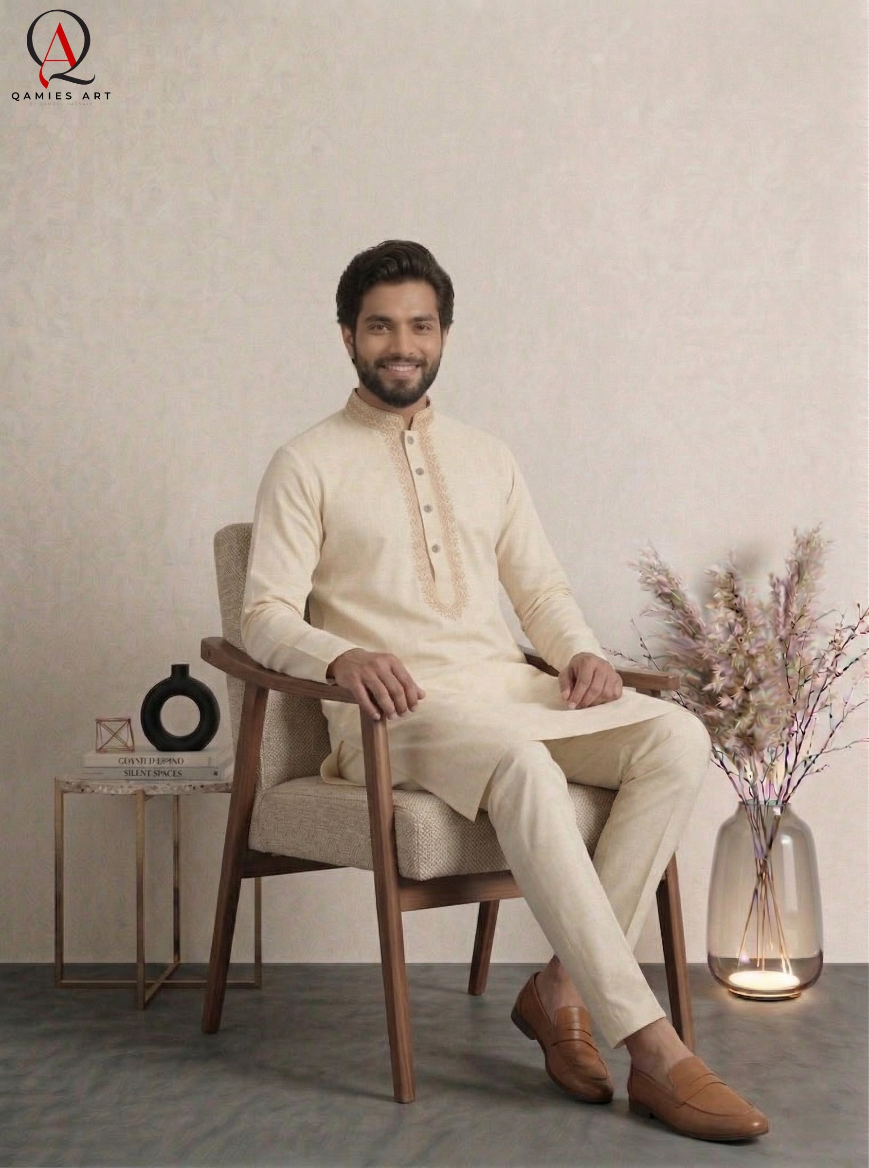 Cream Wash & Wear Kurta Pajama for Men with Elegant Collar & Front Embroidery