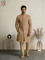 Golden Sherwani for Men Wedding Wear | Hand & Machine Embroidery with Kora Dabka, Beads & Sequins | Groom Sherwani