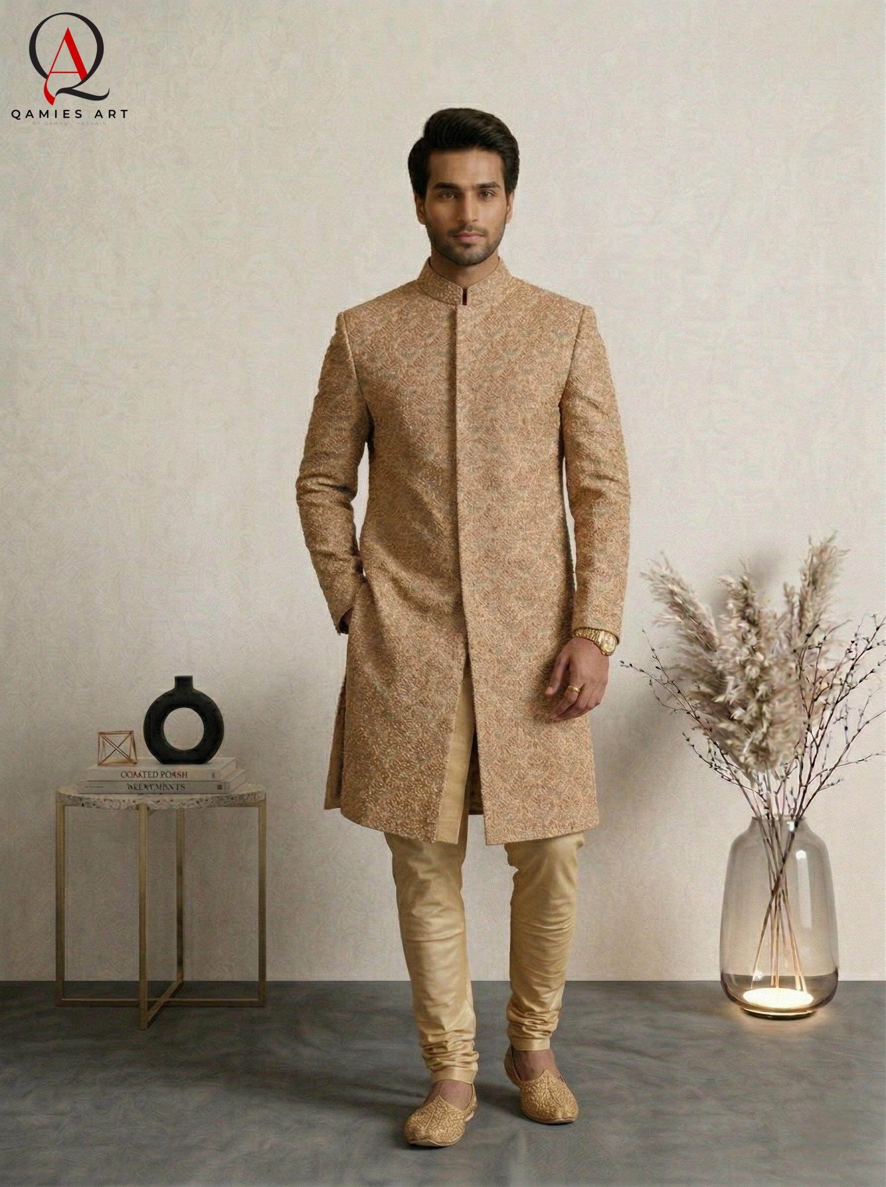Golden Sherwani for Men Wedding Wear | Hand & Machine Embroidery with Kora Dabka, Beads & Sequins | Groom Sherwani