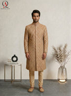 Golden Sherwani for Men Wedding Wear | Hand & Machine Embroidery with Kora Dabka, Beads & Sequins | Groom Sherwani