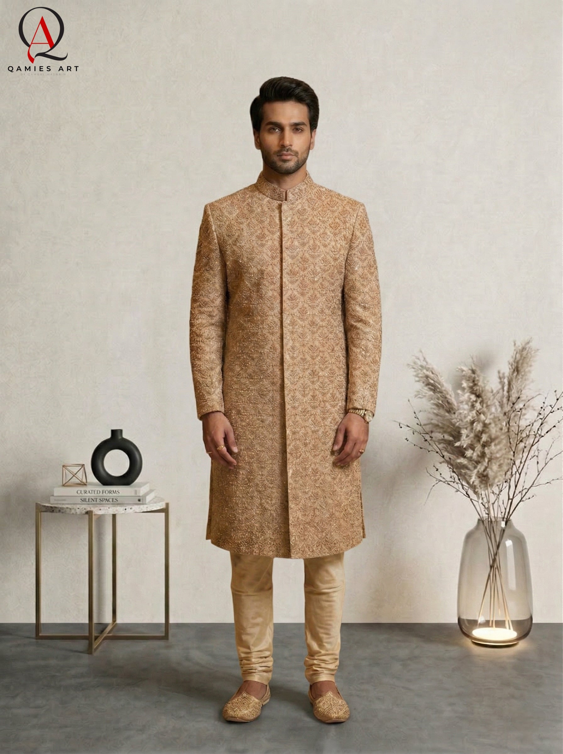 Golden Sherwani for Men Wedding Wear | Hand & Machine Embroidery with Kora Dabka, Beads & Sequins | Groom Sherwani