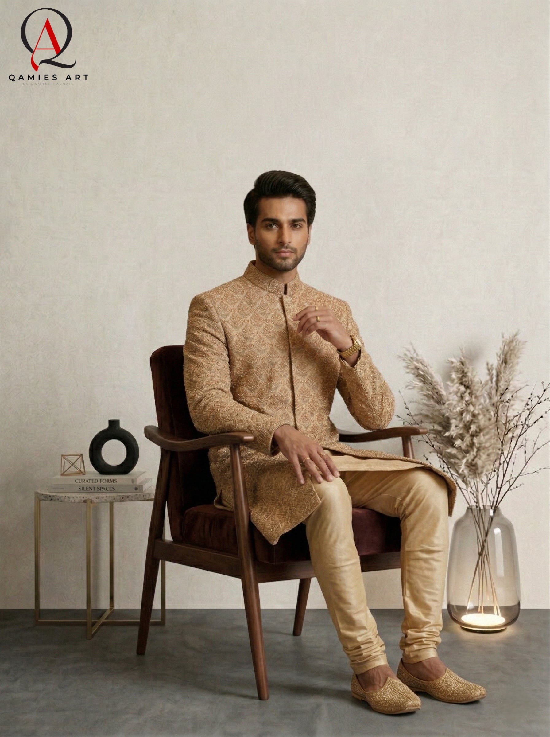 Golden Sherwani for Men Wedding Wear | Hand & Machine Embroidery with Kora Dabka, Beads & Sequins | Groom Sherwani
