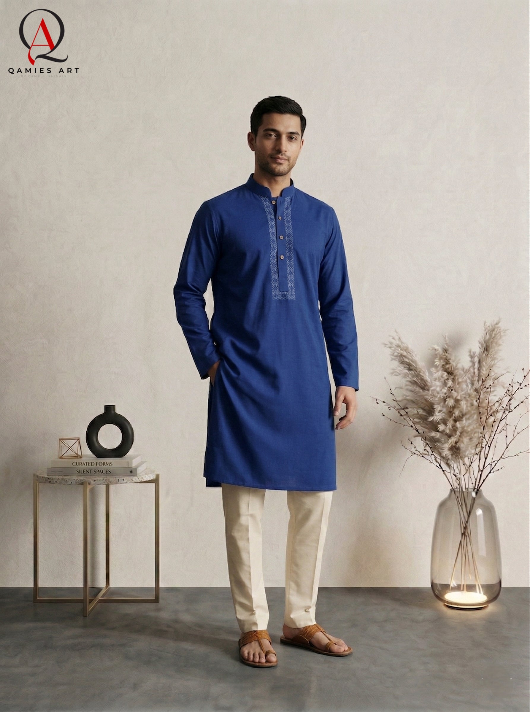 Royal Blue Wash & Wear Kurta Pajama for Men with Elegant Front Embroidery