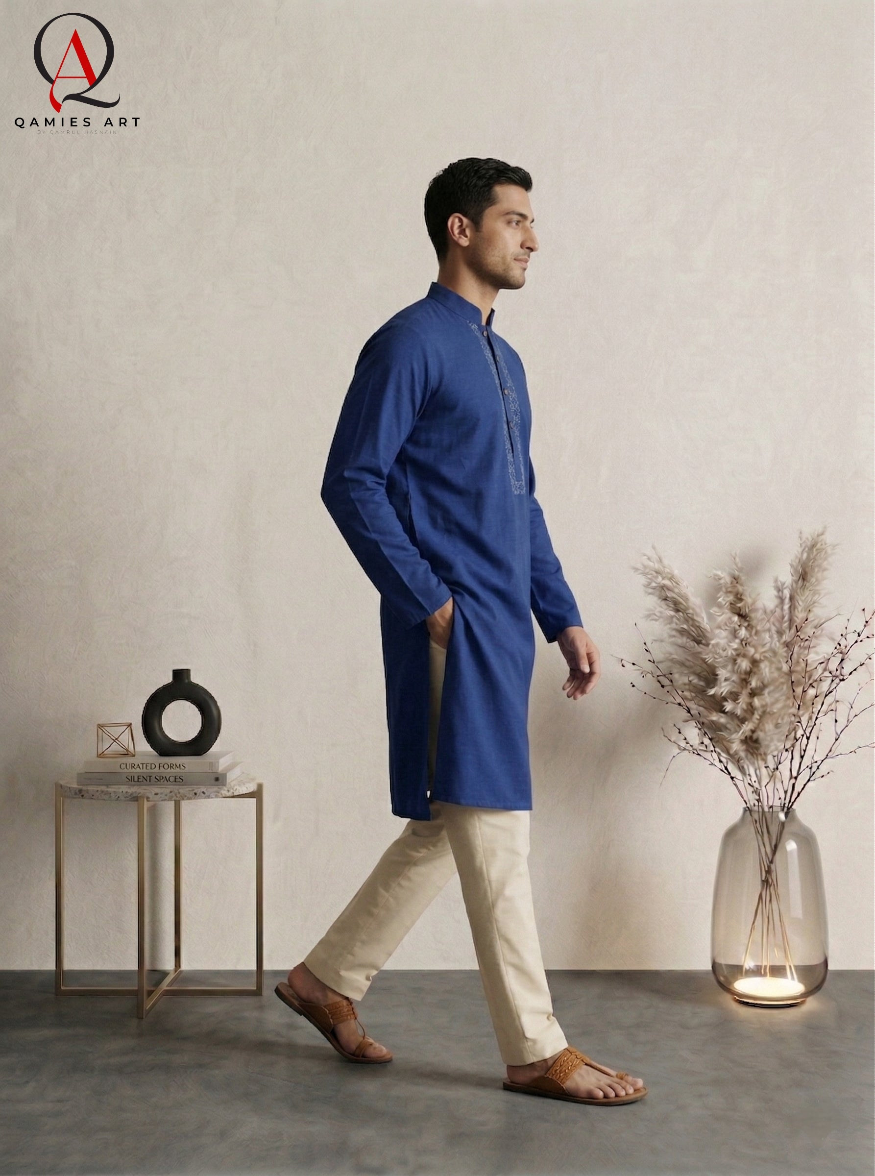 Royal Blue Wash & Wear Kurta Pajama for Men with Elegant Front Embroidery