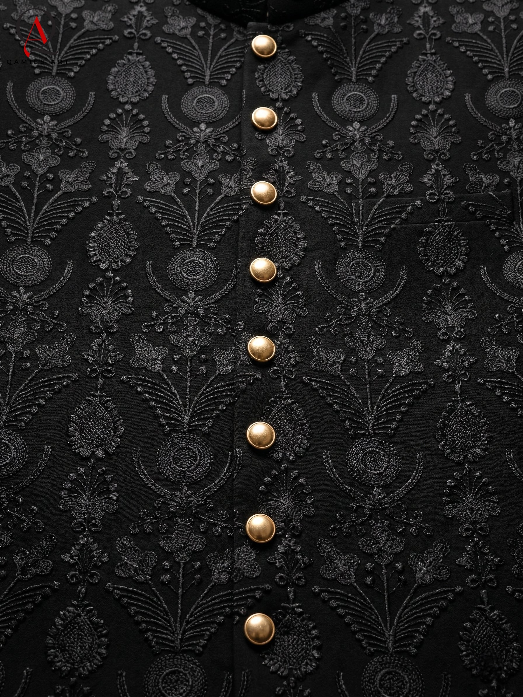 Black Embroidered Sherwani with Resham & Sequin Work | Premium Wedding Groom Sherwani with Inner Suit & Black Organza Turban