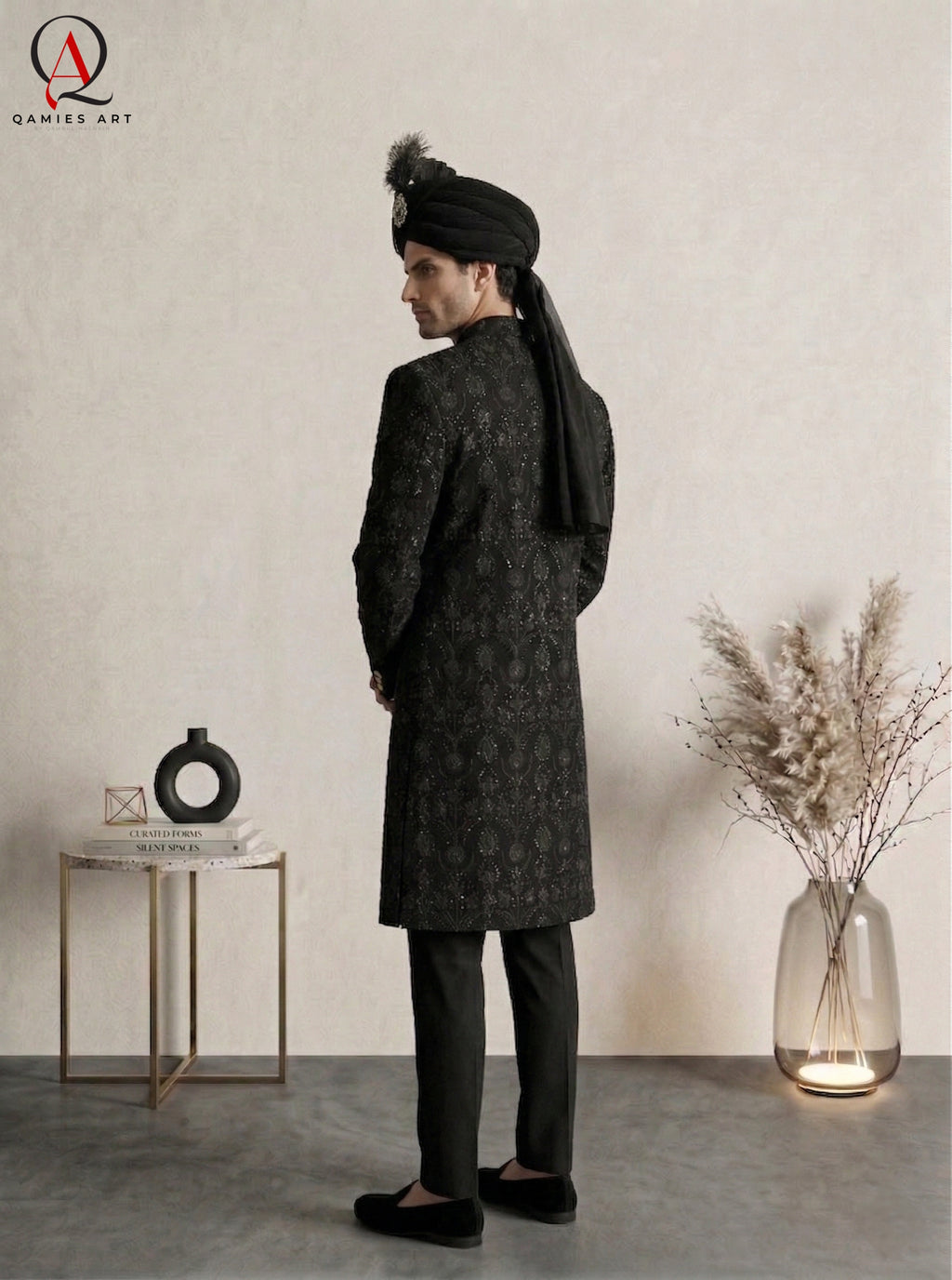 Black Embroidered Sherwani with Resham & Sequin Work | Premium Wedding Groom Sherwani with Inner Suit & Black Organza Turban