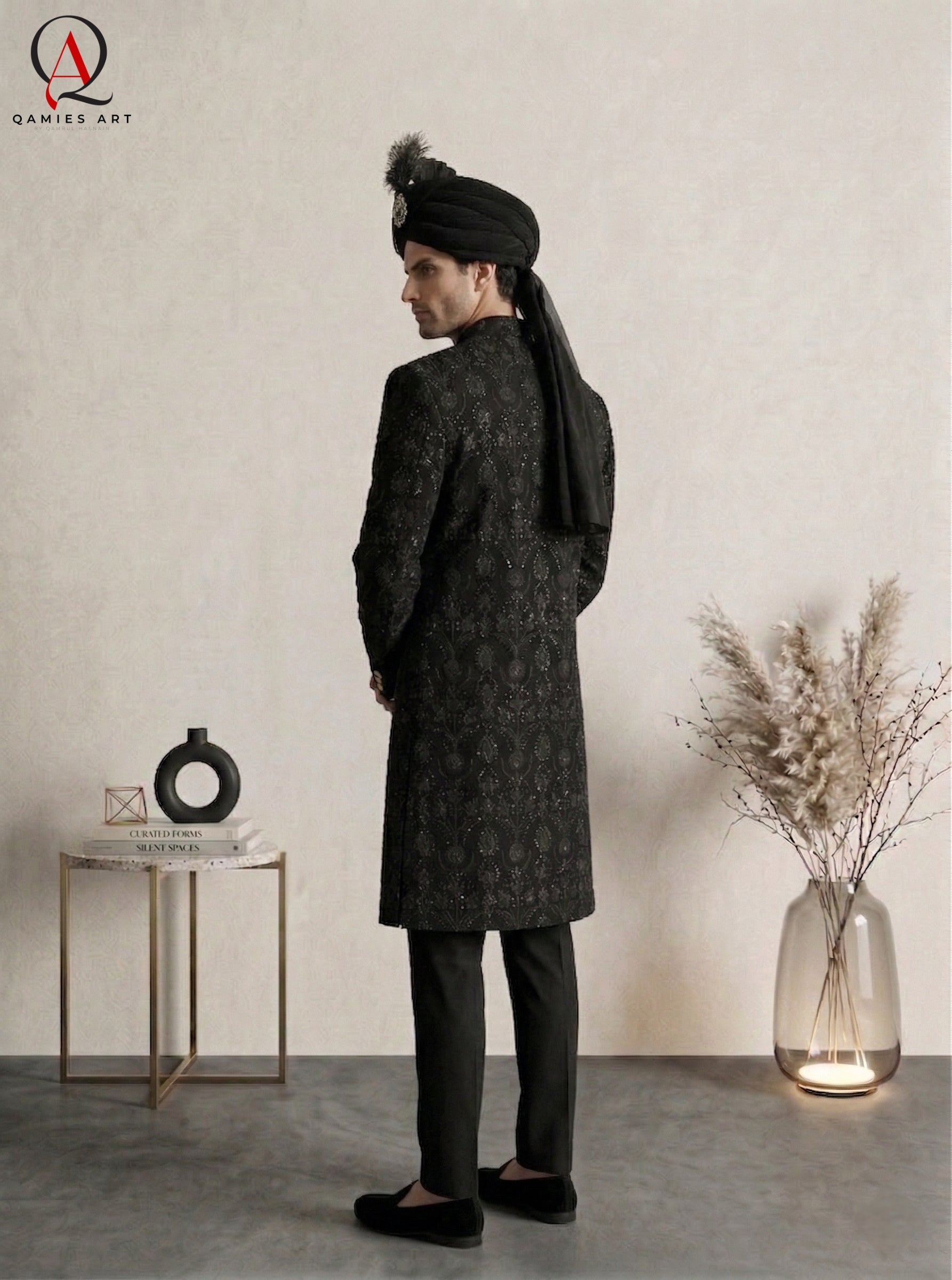 Black Embroidered Sherwani with Resham & Sequin Work | Premium Wedding Groom Sherwani with Inner Suit & Black Organza Turban