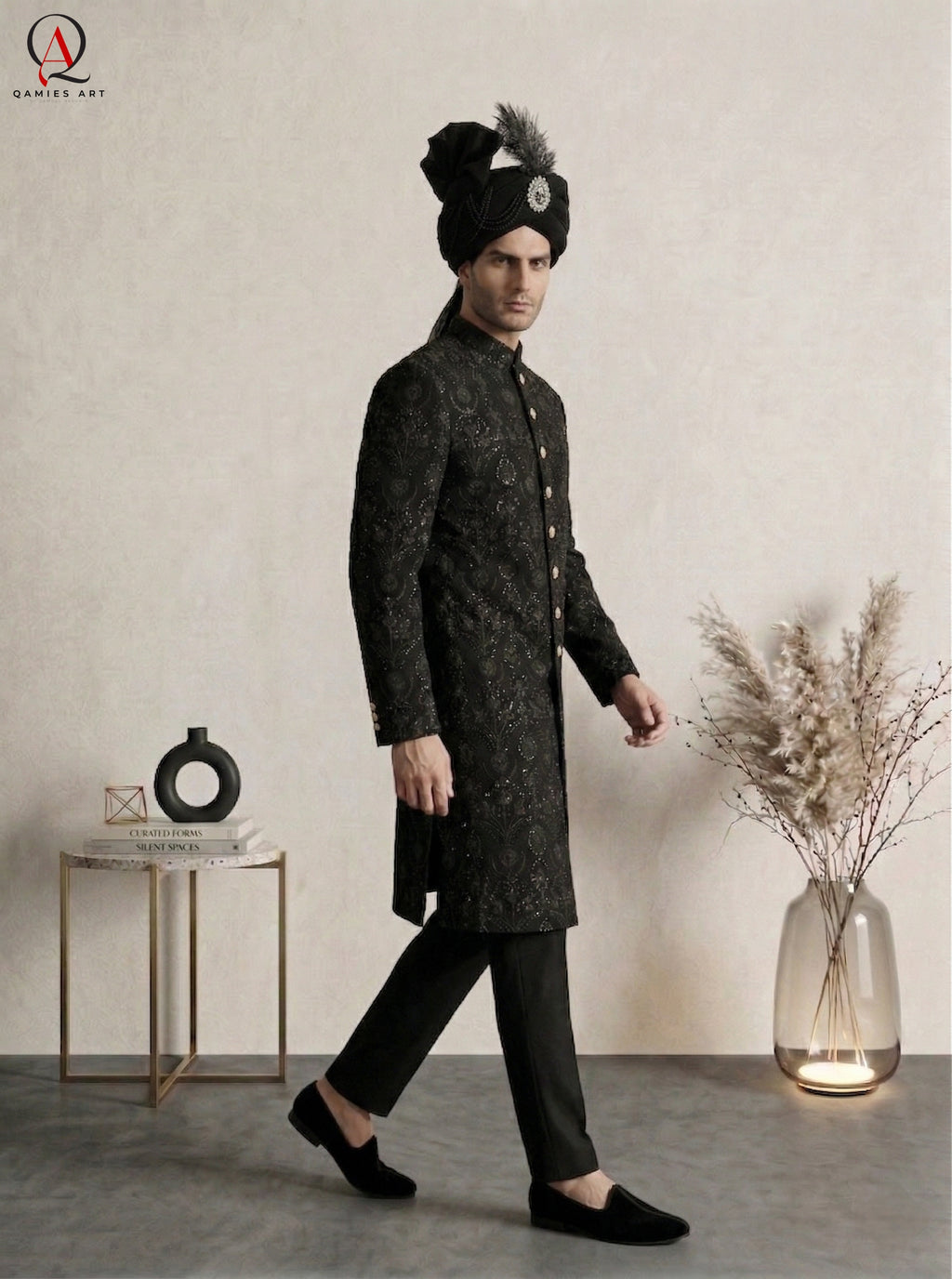 Black Embroidered Sherwani with Resham & Sequin Work | Premium Wedding Groom Sherwani with Inner Suit & Black Organza Turban
