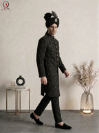 Black Embroidered Sherwani with Resham & Sequin Work | Premium Wedding Groom Sherwani with Inner Suit & Black Organza Turban