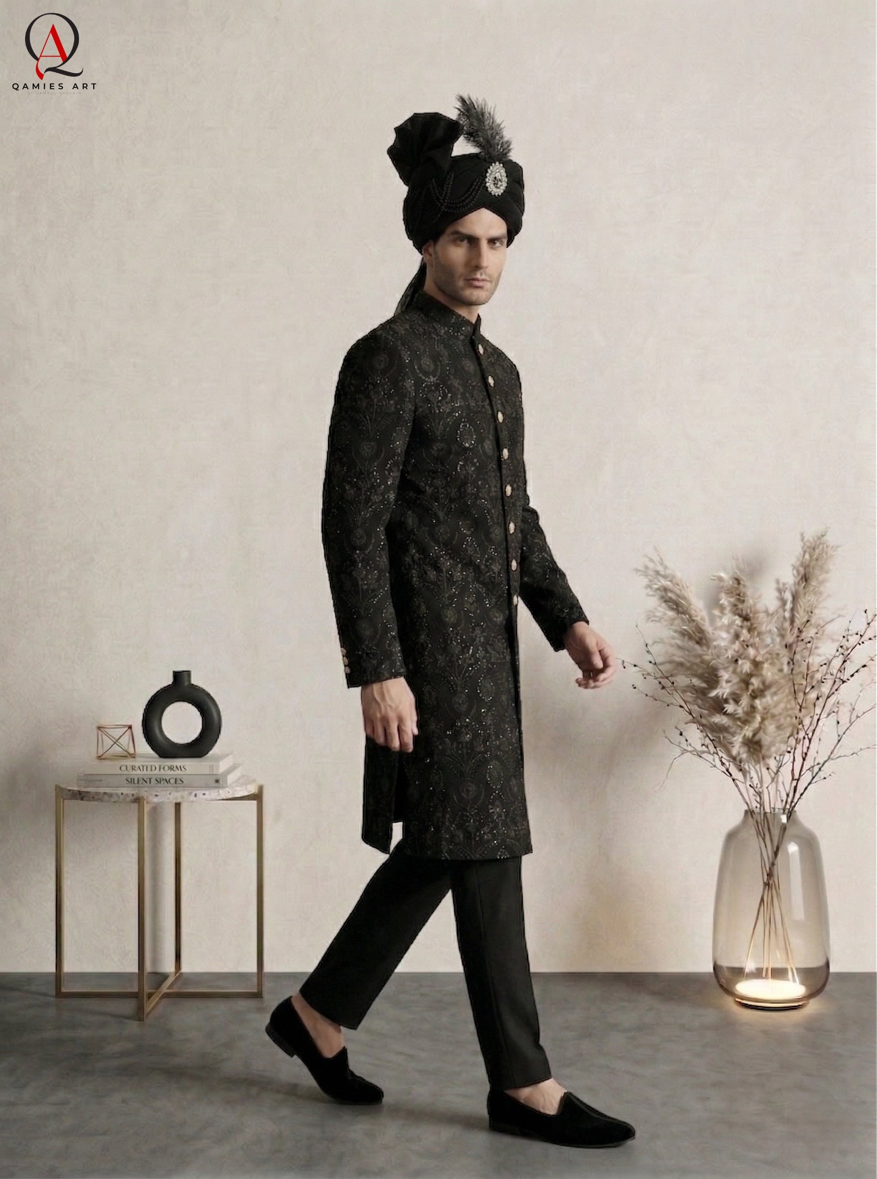 Black Embroidered Sherwani with Resham & Sequin Work | Premium Wedding Groom Sherwani with Inner Suit & Black Organza Turban