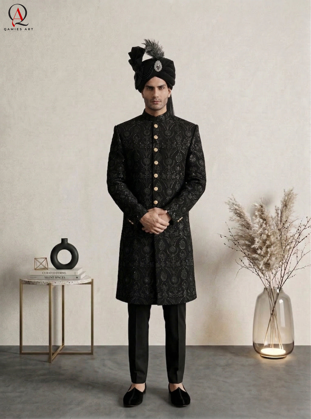 Black Embroidered Sherwani with Resham & Sequin Work | Premium Wedding Groom Sherwani with Inner Suit & Black Organza Turban