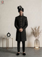 Black Embroidered Sherwani with Resham & Sequin Work | Premium Wedding Groom Sherwani with Inner Suit & Black Organza Turban