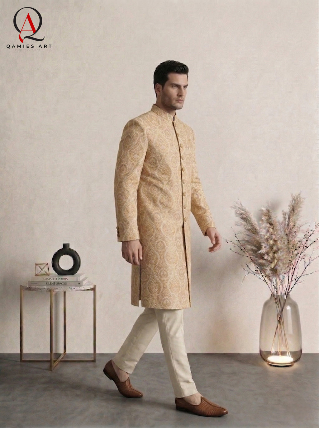Golden Embroidered Sherwani with Resham & Sequin Work | Premium Wedding Groom Sherwani with Inner Suit