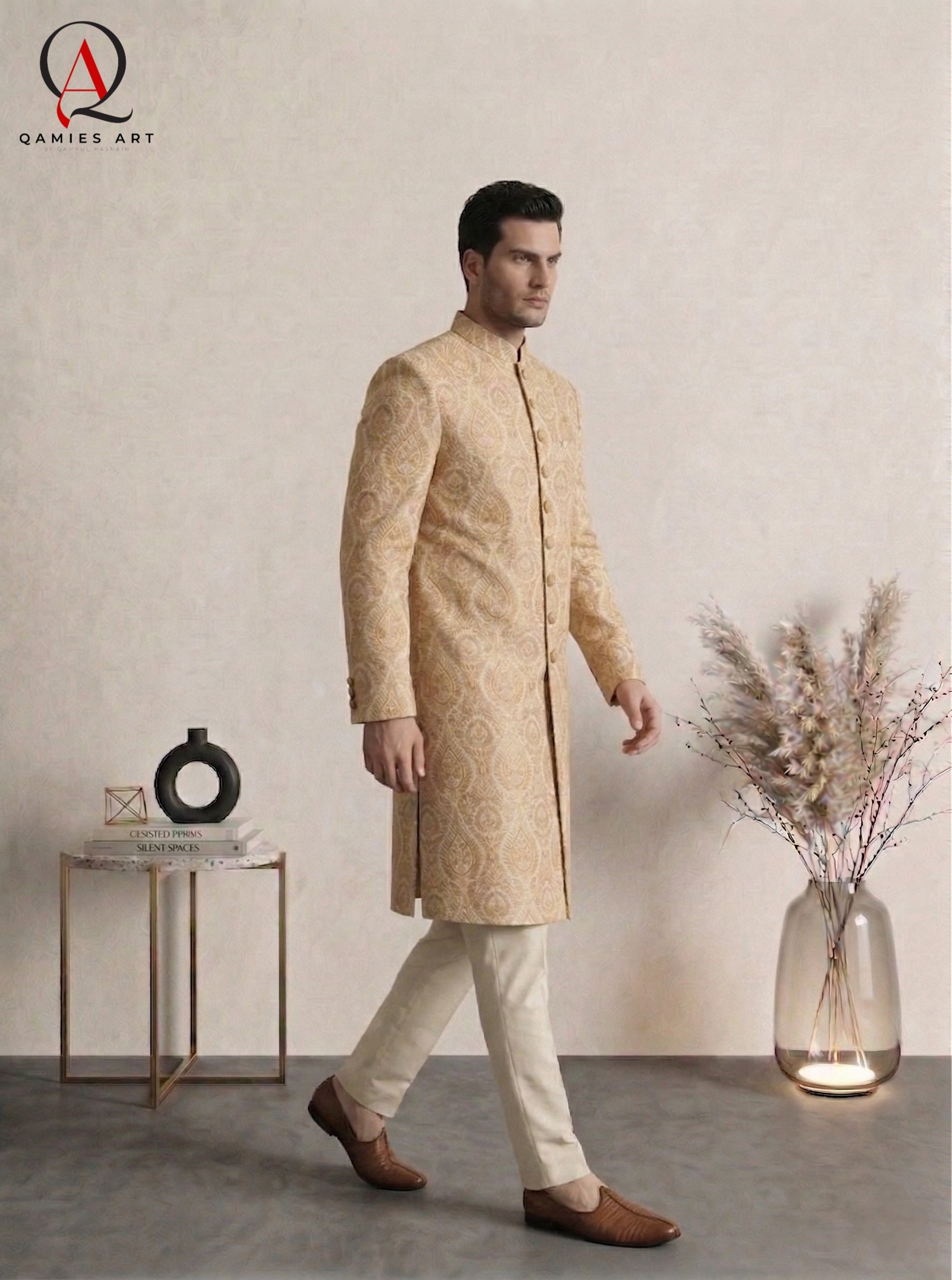 Golden Embroidered Sherwani with Resham & Sequin Work | Premium Wedding Groom Sherwani with Inner Suit