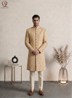 Golden Embroidered Sherwani with Resham & Sequin Work | Premium Wedding Groom Sherwani with Inner Suit