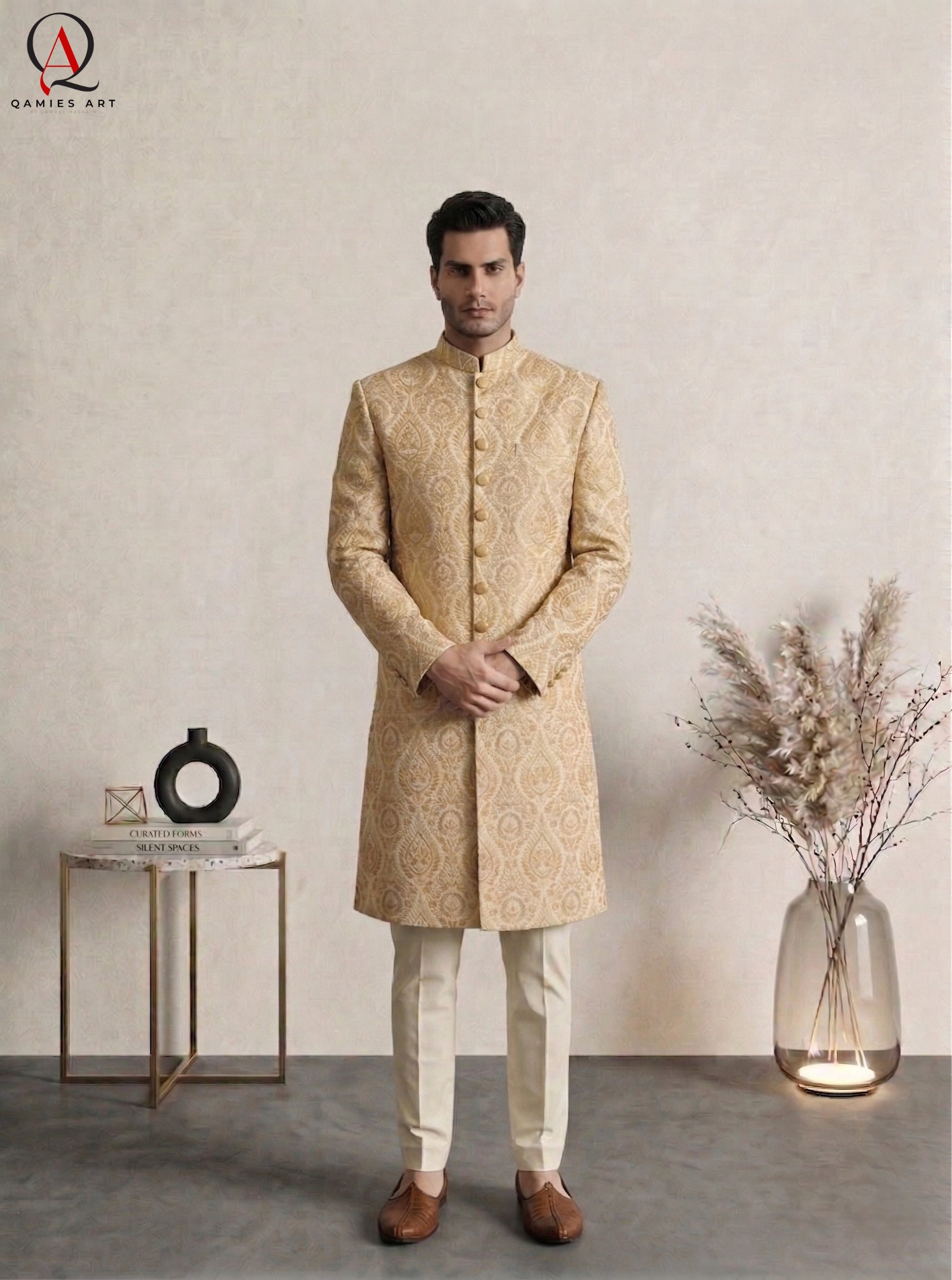Golden Embroidered Sherwani with Resham & Sequin Work | Premium Wedding Groom Sherwani with Inner Suit