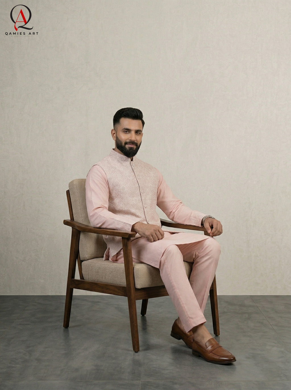 Light Pink Waistcoat with Ivory Pattern Embroidery & Gold Sequins – Paired with Pink Cotton Silk Kurta & Trouser Set