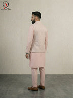 Light Pink Waistcoat with Ivory Pattern Embroidery & Gold Sequins – Paired with Pink Cotton Silk Kurta & Trouser Set