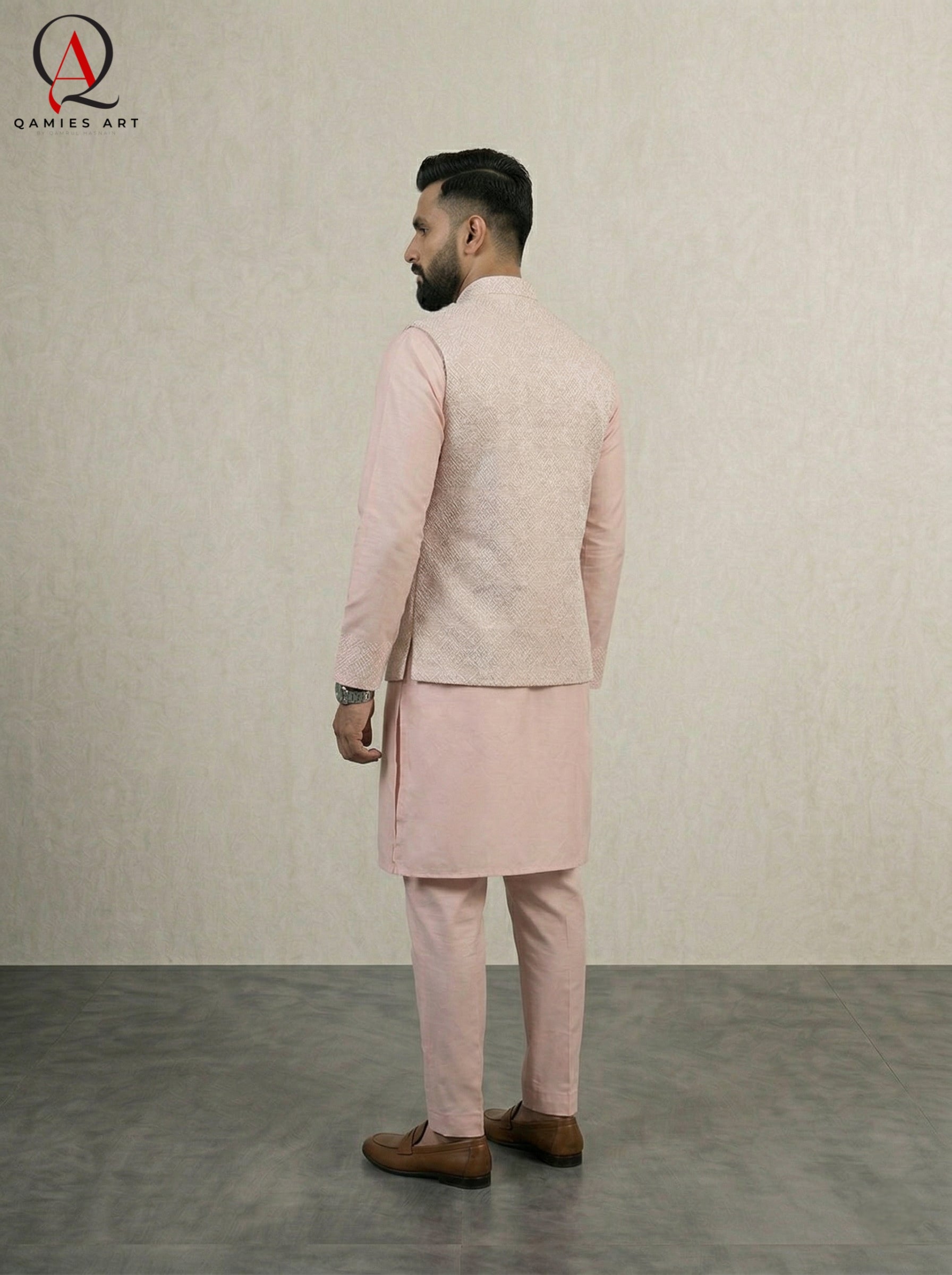 Light Pink Waistcoat with Ivory Pattern Embroidery & Gold Sequins – Paired with Pink Cotton Silk Kurta & Trouser Set