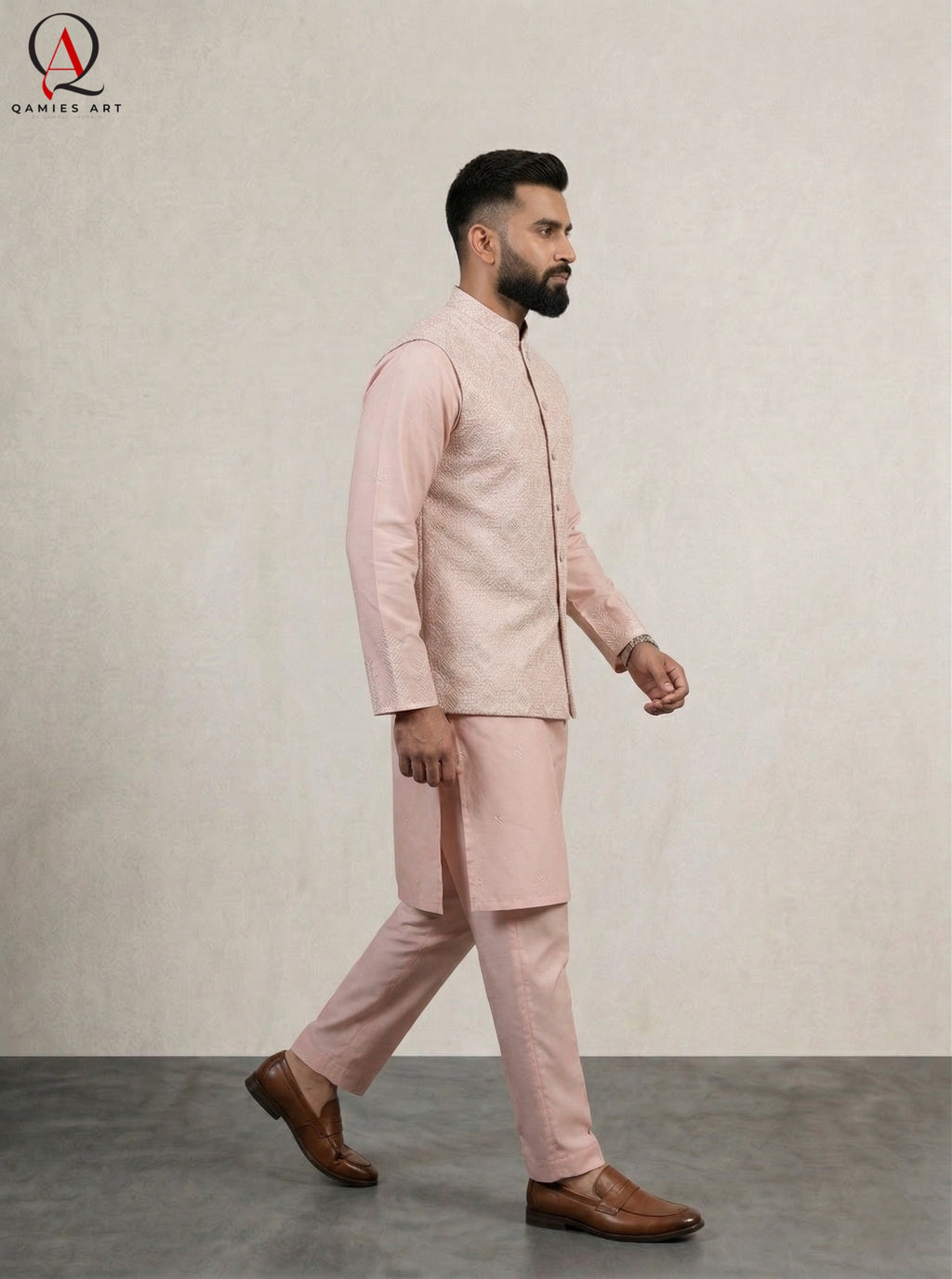 Light Pink Waistcoat with Ivory Pattern Embroidery & Gold Sequins – Paired with Pink Cotton Silk Kurta & Trouser Set
