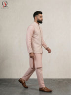 Light Pink Waistcoat with Ivory Pattern Embroidery & Gold Sequins – Paired with Pink Cotton Silk Kurta & Trouser Set