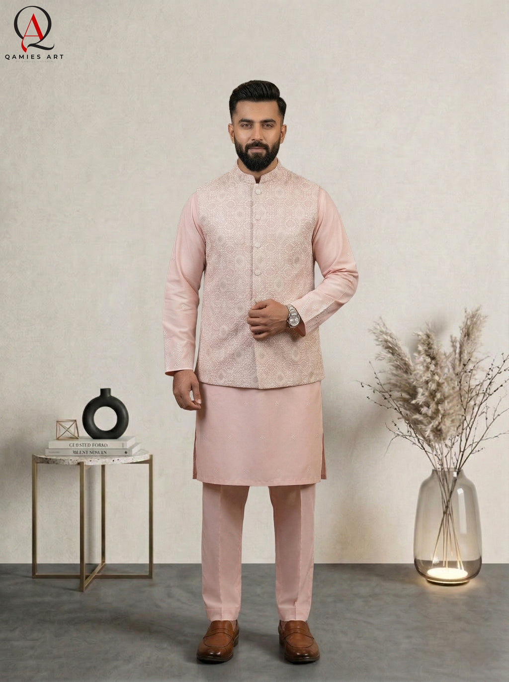 Light Pink Waistcoat with Ivory Pattern Embroidery & Gold Sequins – Paired with Pink Cotton Silk Kurta & Trouser Set