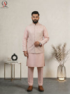 Light Pink Waistcoat with Ivory Pattern Embroidery & Gold Sequins – Paired with Pink Cotton Silk Kurta & Trouser Set