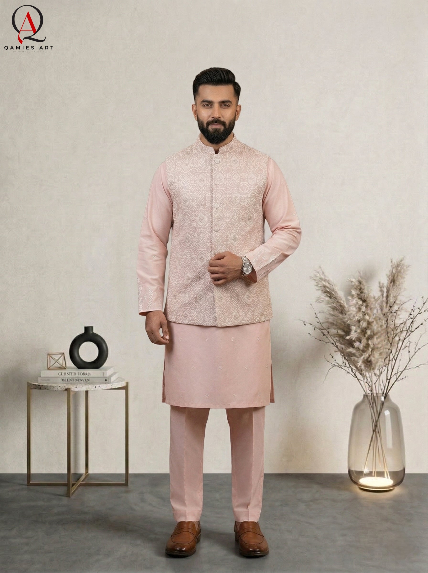 Light Pink Waistcoat with Ivory Pattern Embroidery & Gold Sequins – Paired with Pink Cotton Silk Kurta & Trouser Set