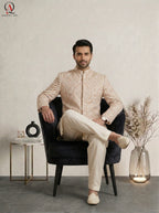 Beige Jamawar Prince Coat Set for Men with Multi-Color Thread Embroidery & Sequins | Embroidered Kurta Trouser Wedding Outfit