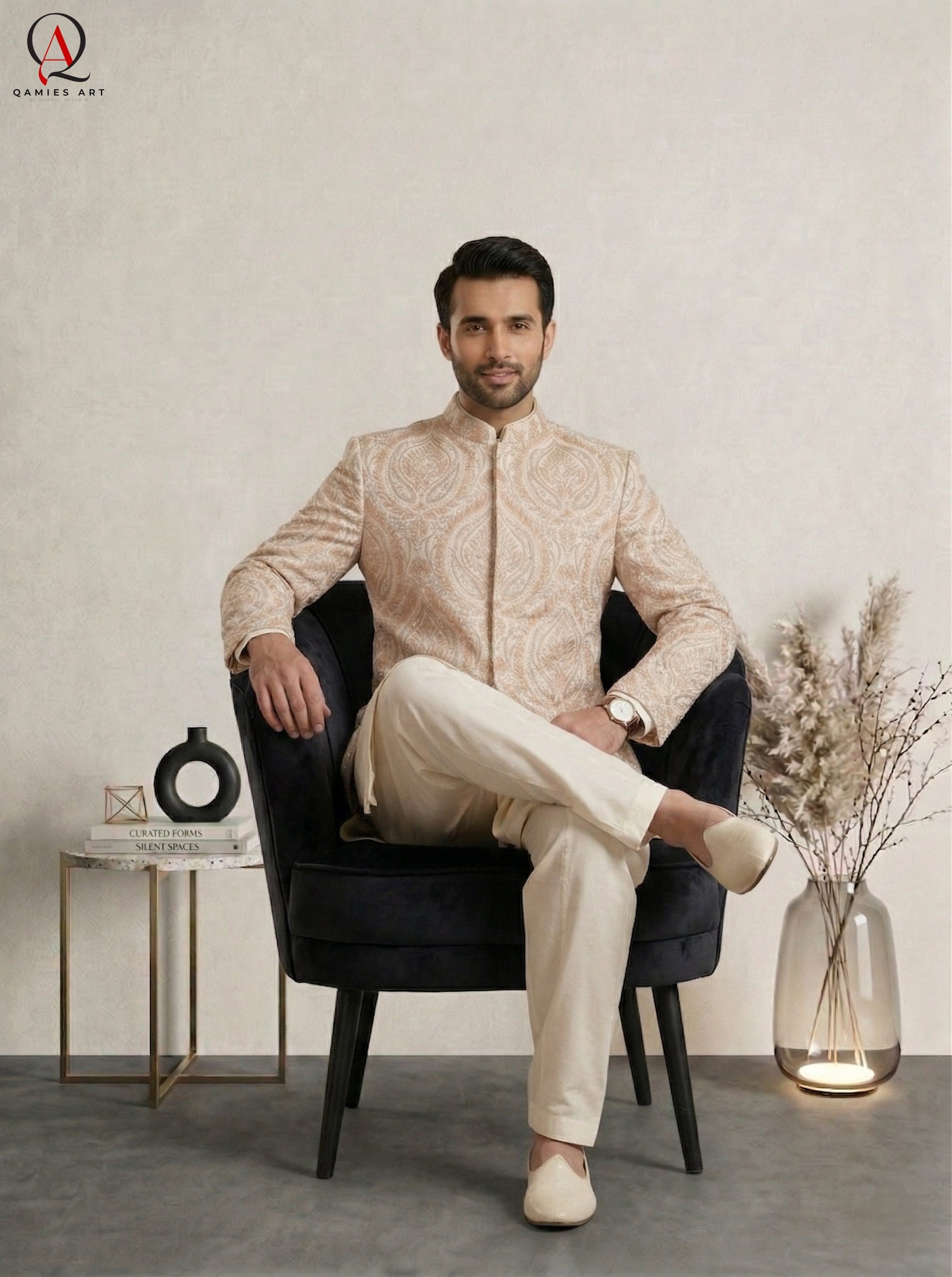 Beige Jamawar Prince Coat Set for Men with Multi-Color Thread Embroidery & Sequins | Embroidered Kurta Trouser Wedding Outfit