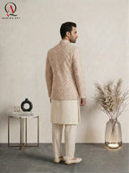Beige Jamawar Prince Coat Set for Men with Multi-Color Thread Embroidery & Sequins | Embroidered Kurta Trouser Wedding Outfit