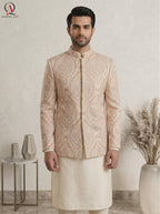 Beige Jamawar Prince Coat Set for Men with Multi-Color Thread Embroidery & Sequins | Embroidered Kurta Trouser Wedding Outfit
