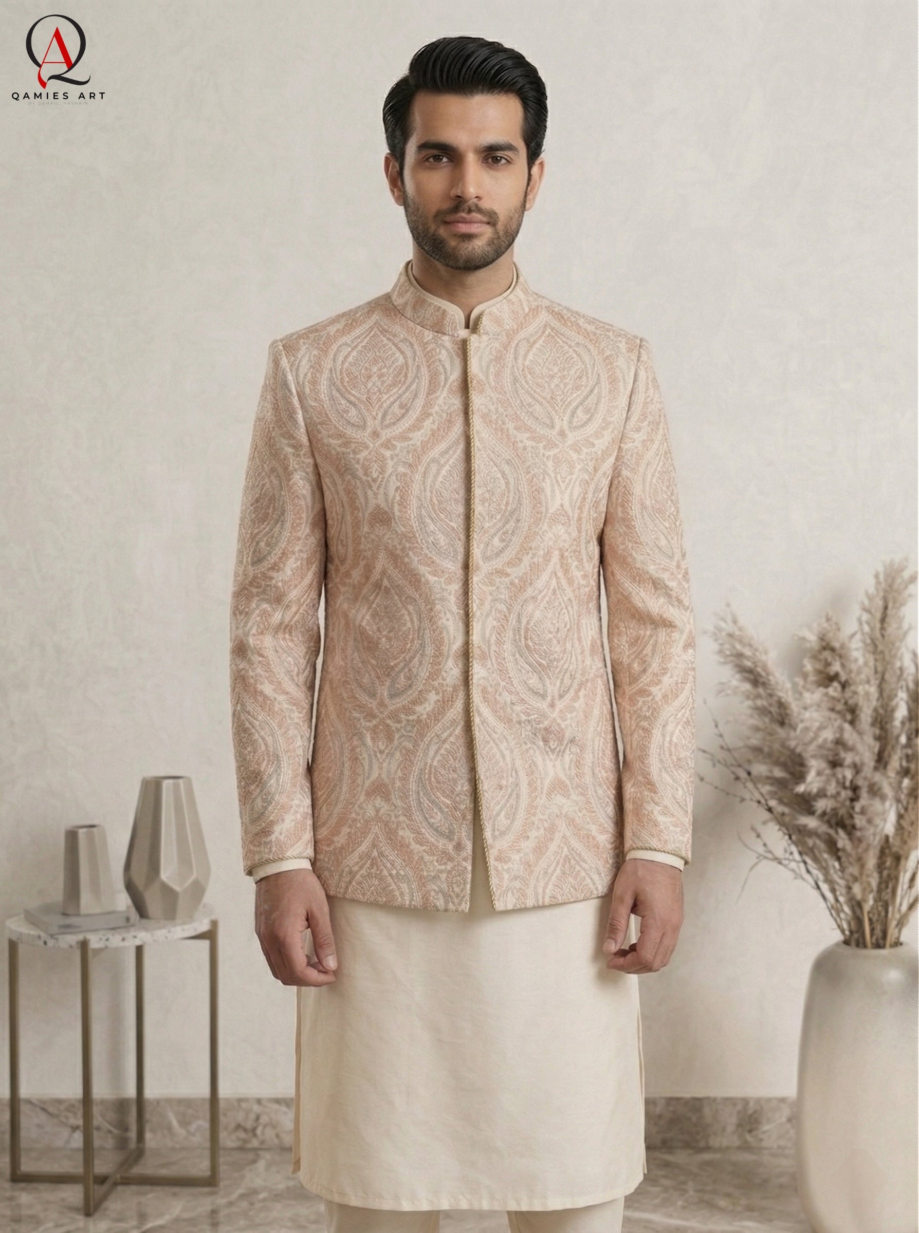 Beige Jamawar Prince Coat Set for Men with Multi-Color Thread Embroidery & Sequins | Embroidered Kurta Trouser Wedding Outfit