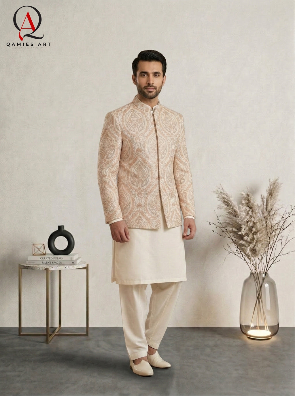 Beige Jamawar Prince Coat Set for Men with Multi-Color Thread Embroidery & Sequins | Embroidered Kurta Trouser Wedding Outfit