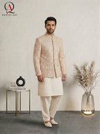 Beige Jamawar Prince Coat Set for Men with Multi-Color Thread Embroidery & Sequins | Embroidered Kurta Trouser Wedding Outfit