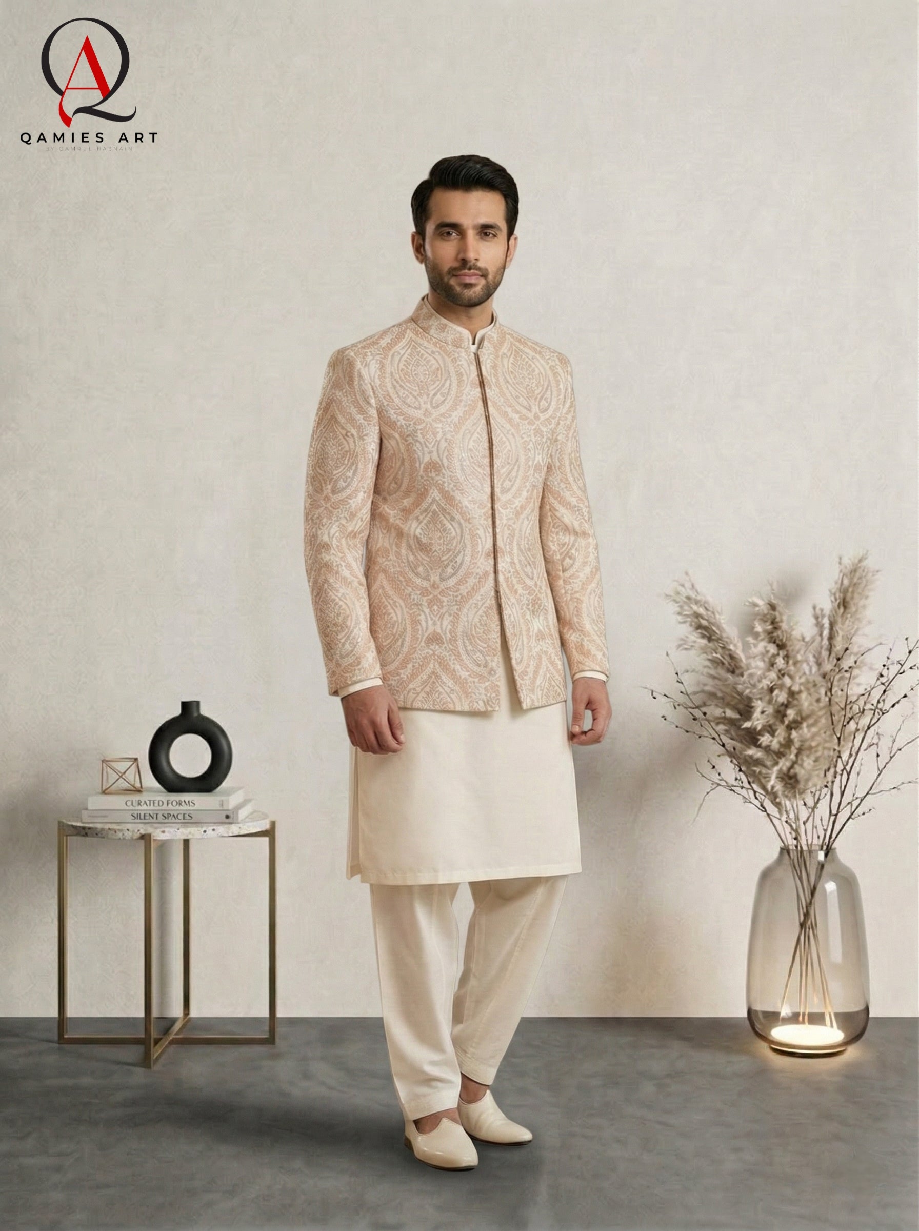Beige Jamawar Prince Coat Set for Men with Multi-Color Thread Embroidery & Sequins | Embroidered Kurta Trouser Wedding Outfit