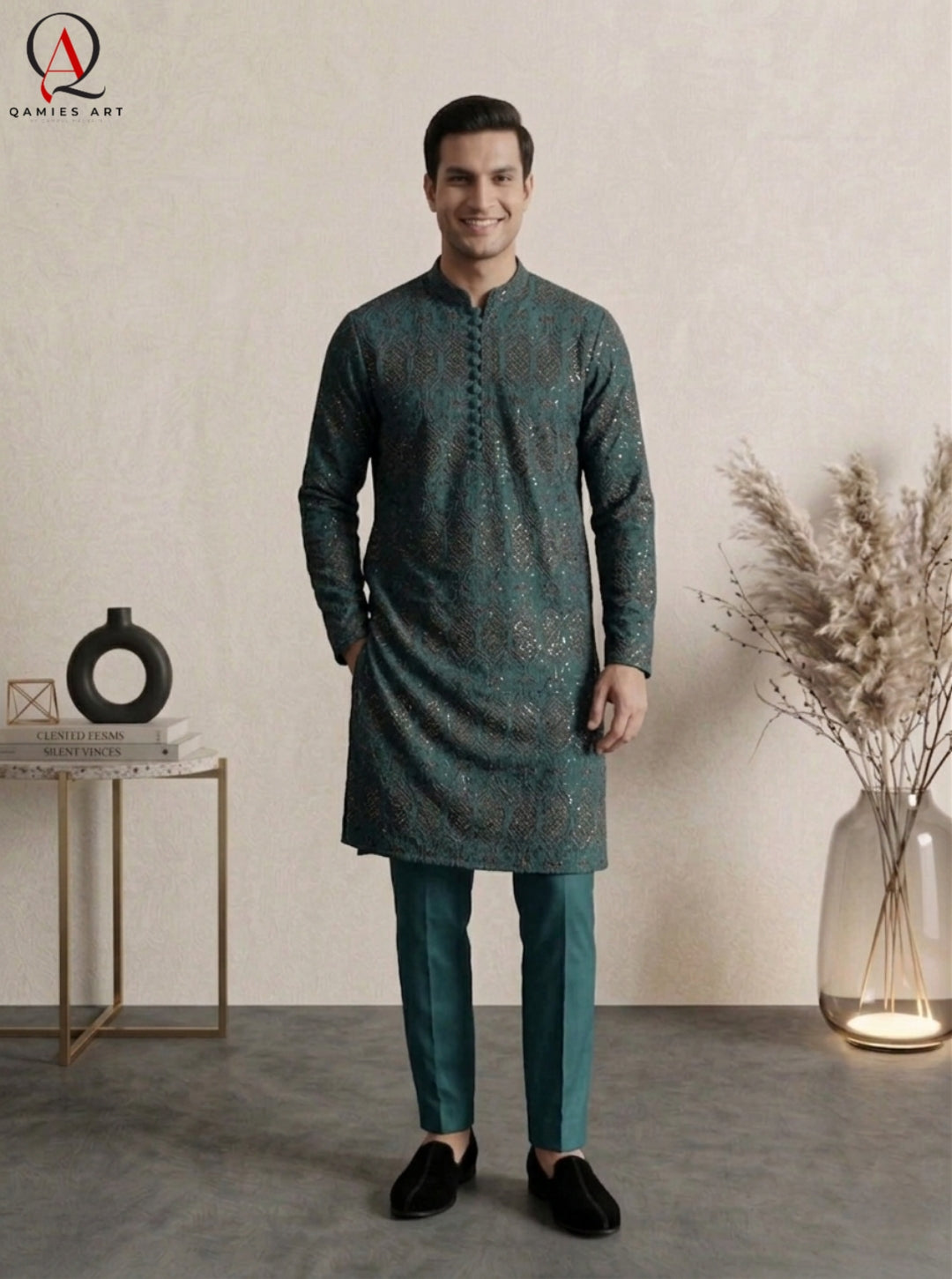 Teal Staple Cotton Shirt with Black Thread Embroidery & Sequin Detailing | Premium Ethnic Wear