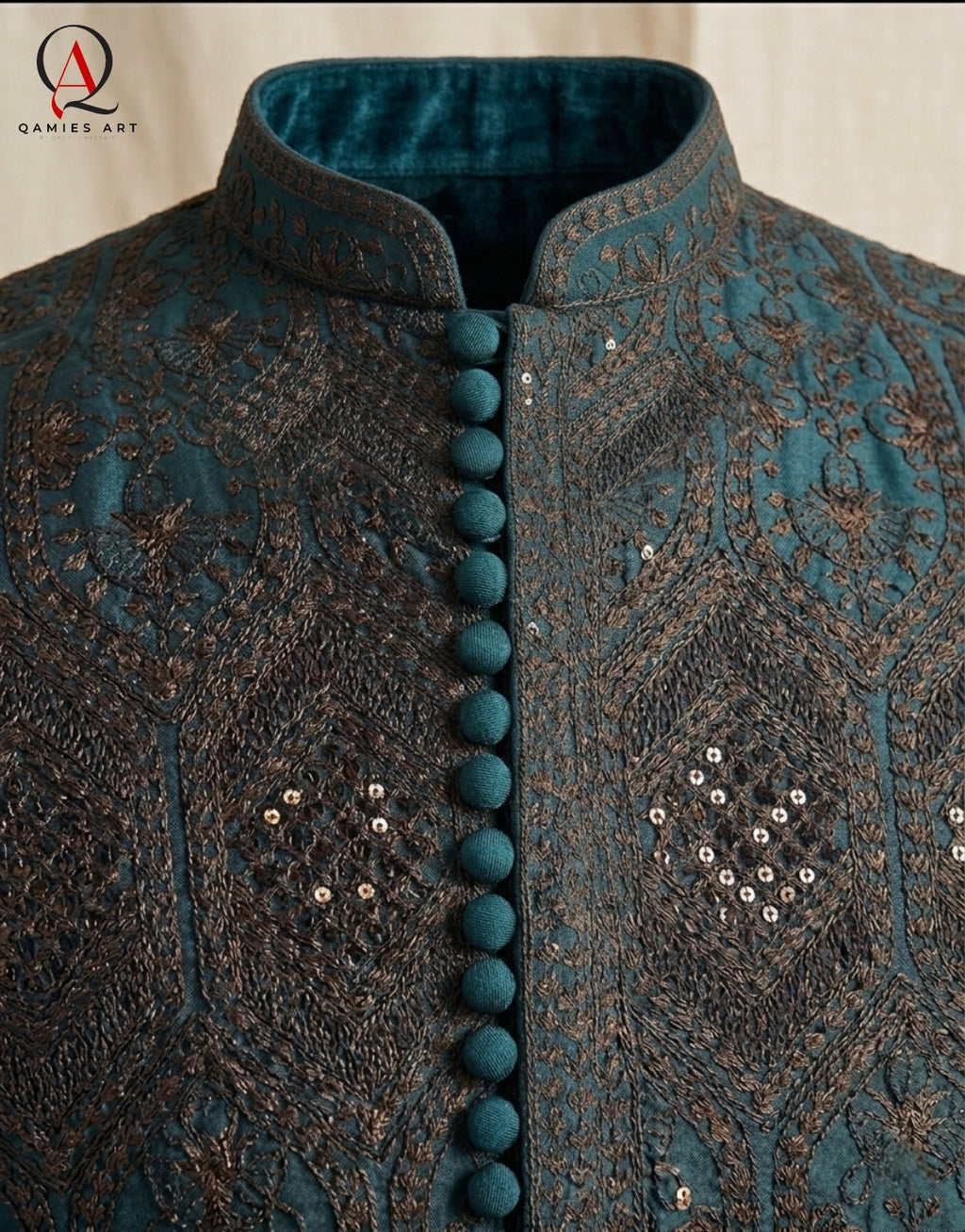 Teal Staple Cotton Shirt with Black Thread Embroidery & Sequin Detailing | Premium Ethnic Wear