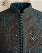 Teal Staple Cotton Shirt with Black Thread Embroidery & Sequin Detailing | Premium Ethnic Wear
