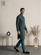 Teal Staple Cotton Shirt with Black Thread Embroidery & Sequin Detailing | Premium Ethnic Wear