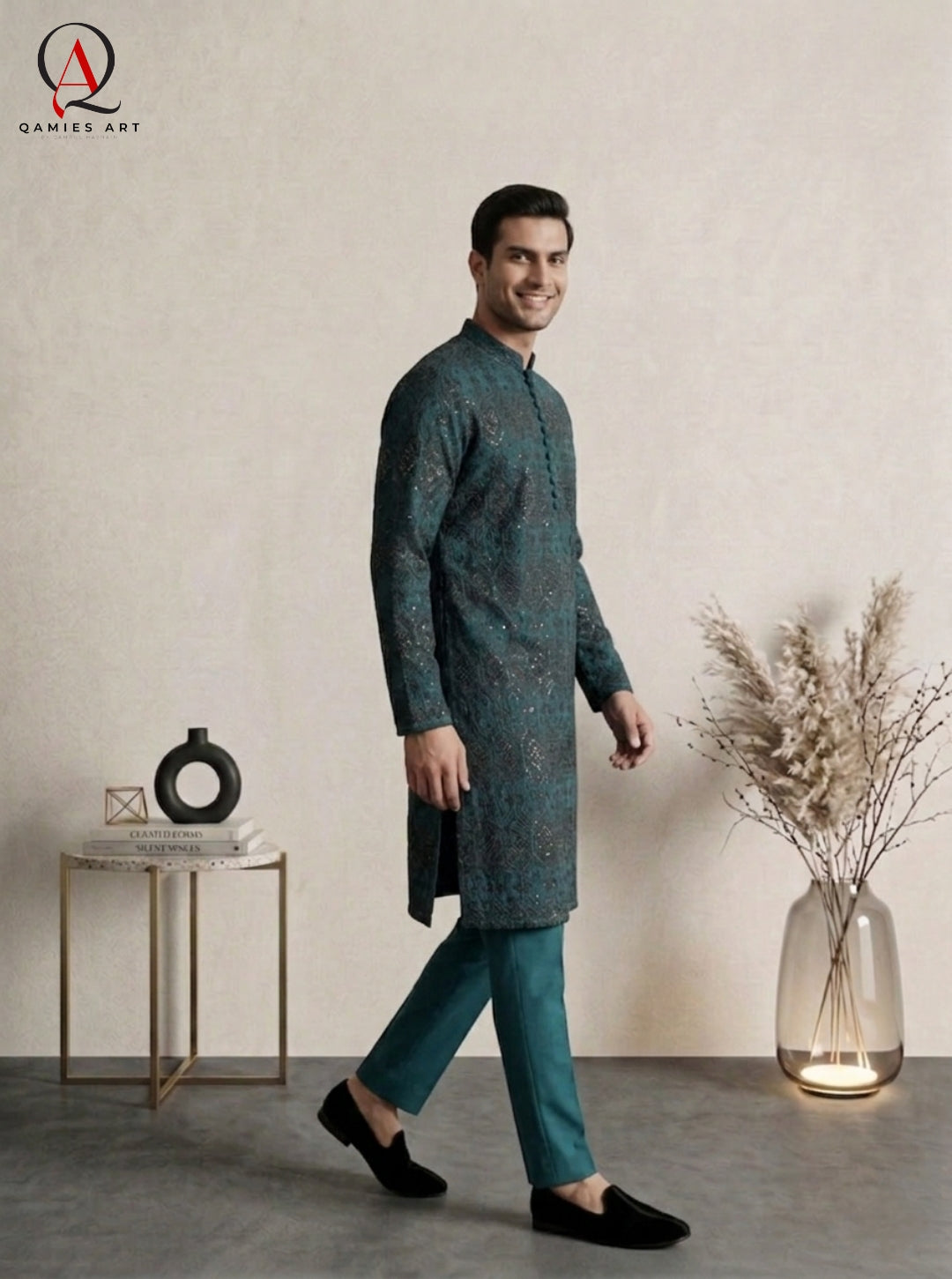 Teal Staple Cotton Shirt with Black Thread Embroidery & Sequin Detailing | Premium Ethnic Wear