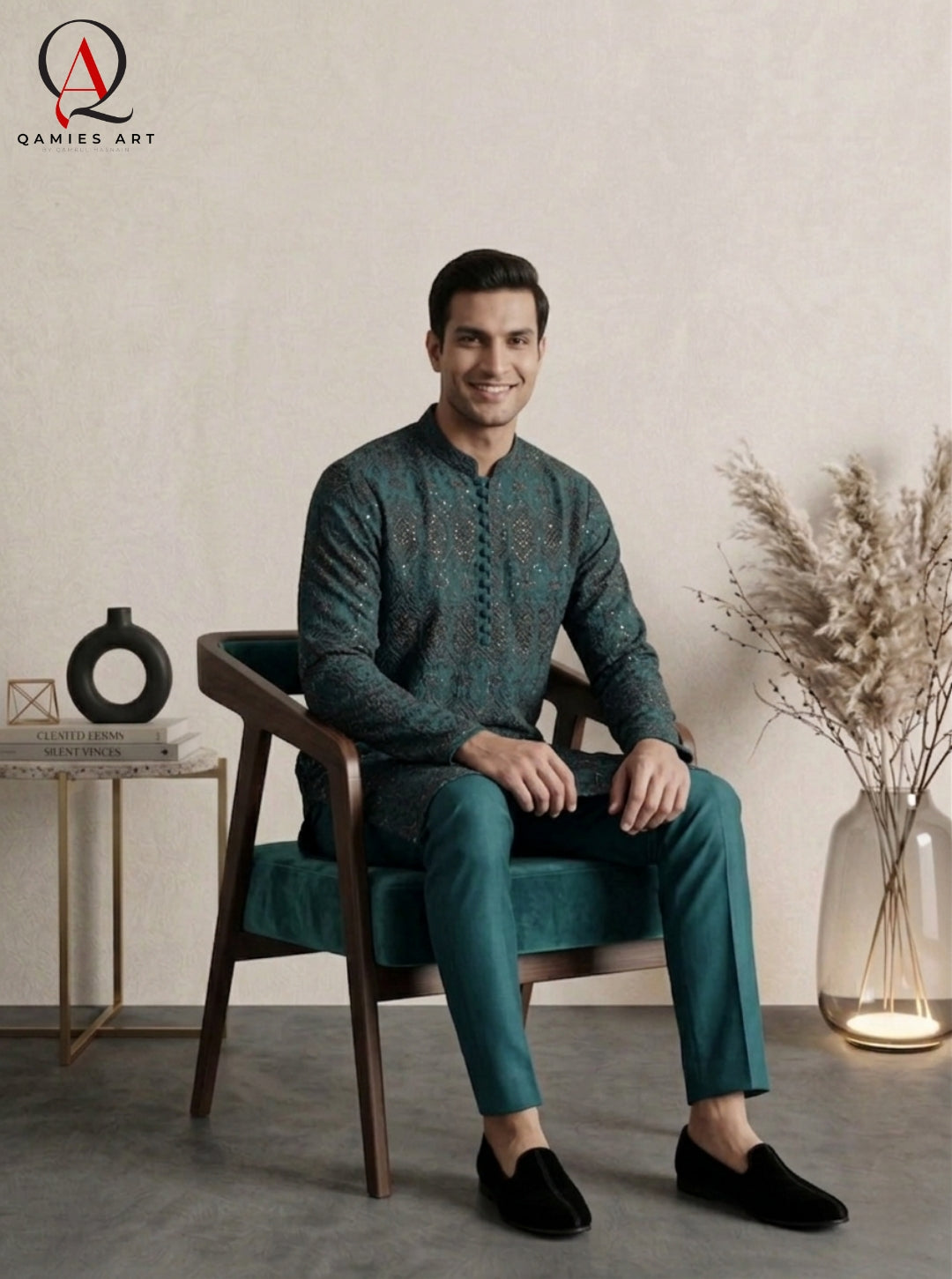Teal Staple Cotton Shirt with Black Thread Embroidery & Sequin Detailing | Premium Ethnic Wear