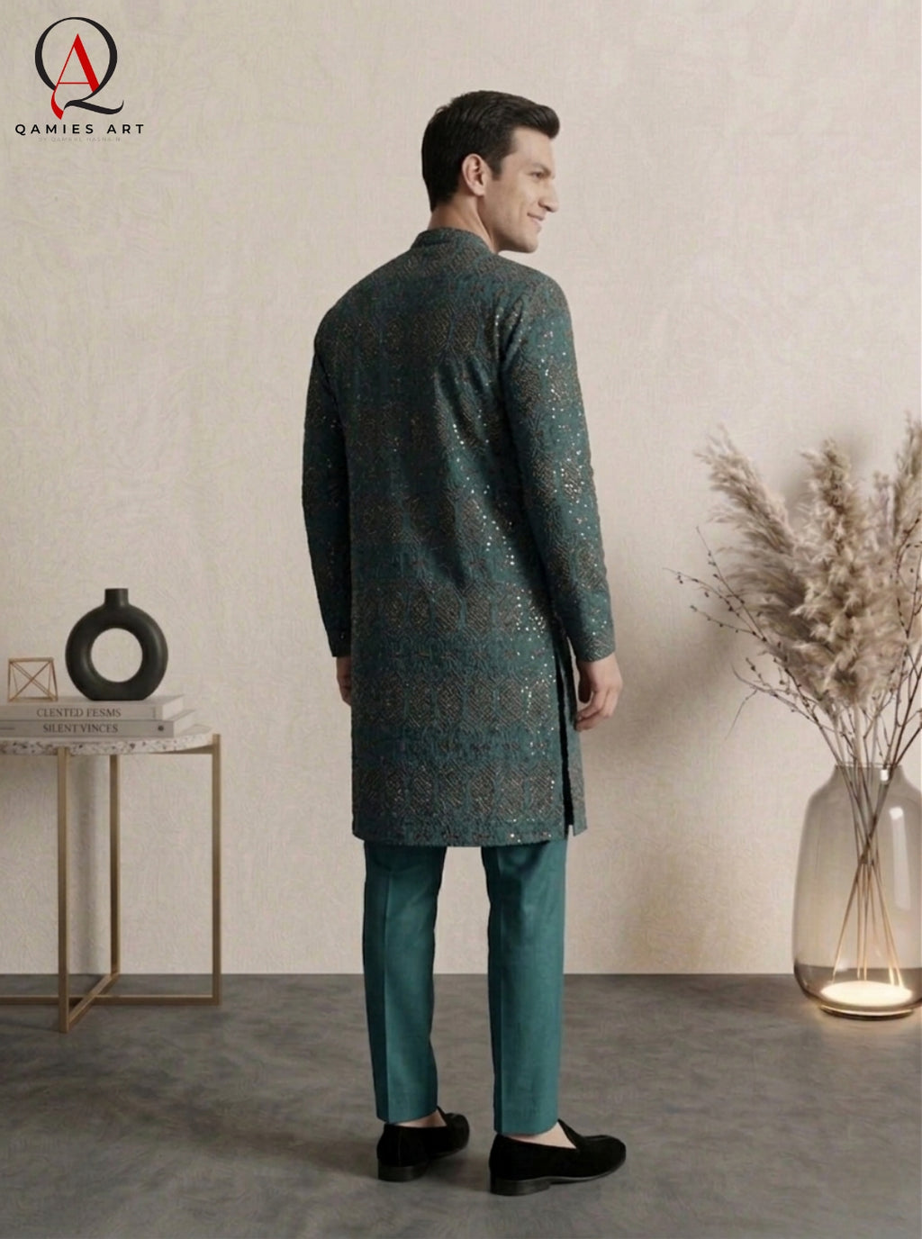 Teal Staple Cotton Shirt with Black Thread Embroidery & Sequin Detailing | Premium Ethnic Wear